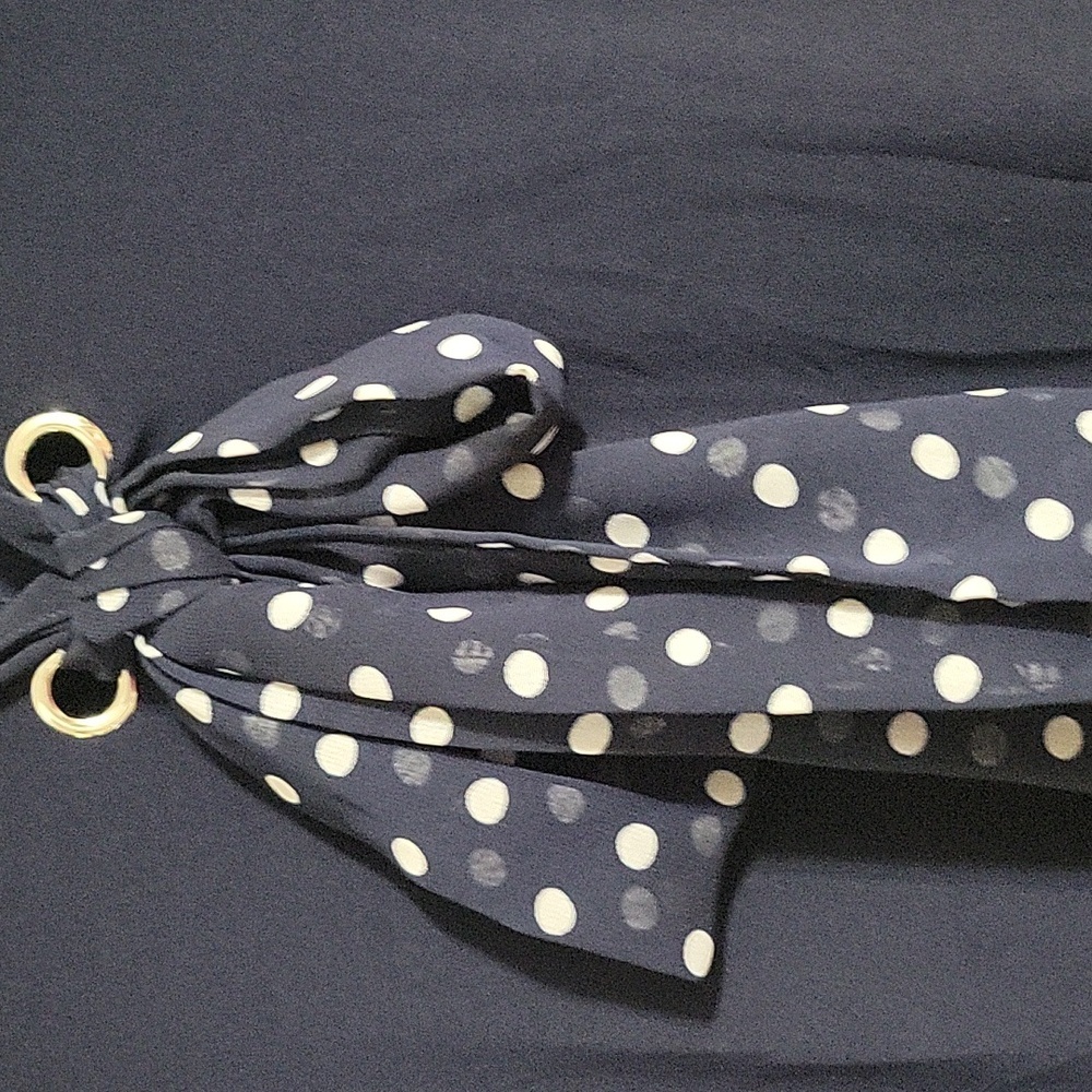 Adele & May Navy Polka Dot Bow Blouse V-Neck Sheer Ruffle Sleeve Size Large - Picture 5 of 9